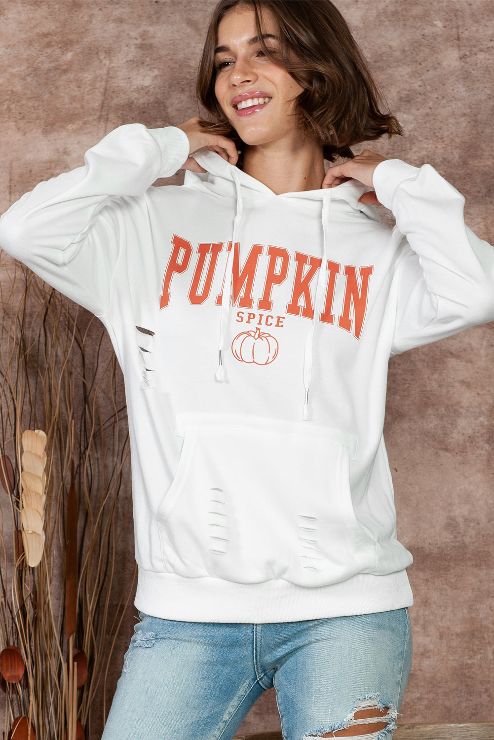 White PUMPKIN SPICE Distressed Graphic Hoodie