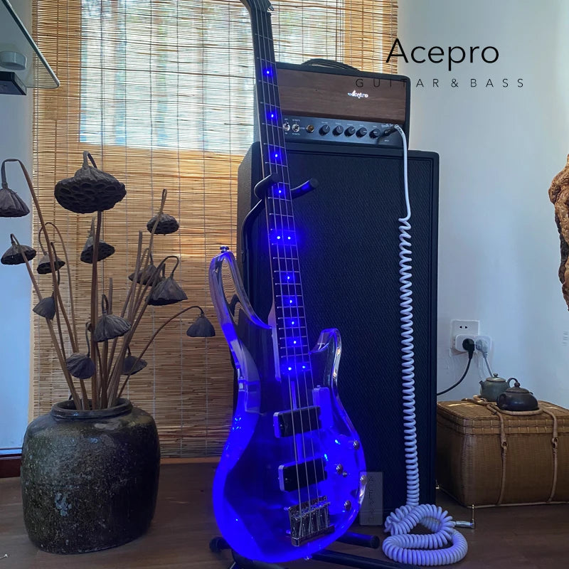 Clear Acrylic Crystal Body 4 String LED Electric Bass Guitar