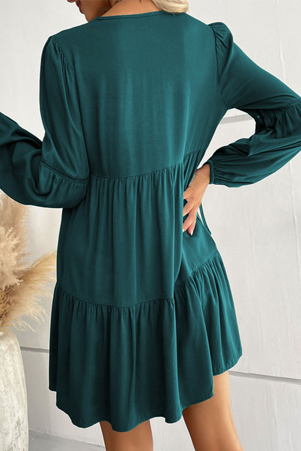 Verdant Bishop Sleeve Tie Front Tiered Pleated Short Dress
