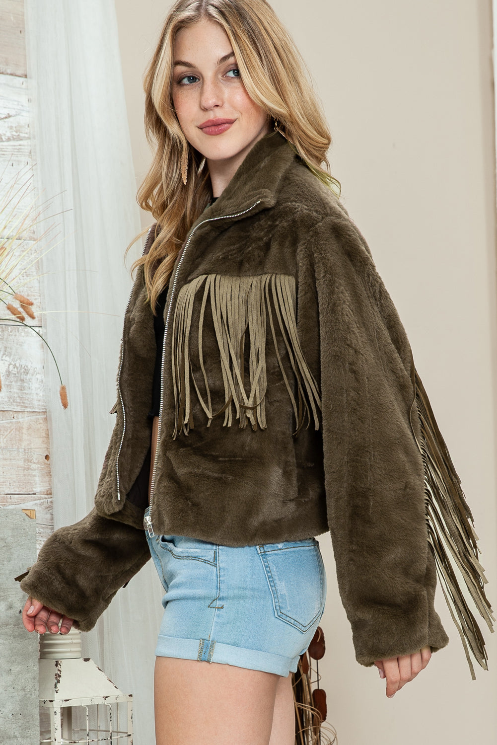 Pink Fringed Full Zipper Fleece Jacket