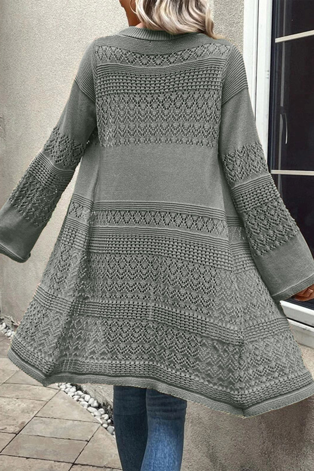 Black Pointelle Knit Open Front Long Cardigan