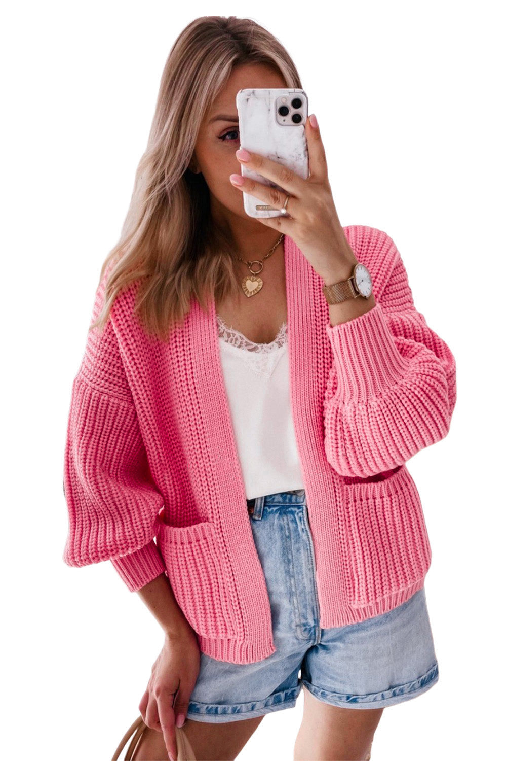 Apricot Solid Pocketed Open Short Cardigan