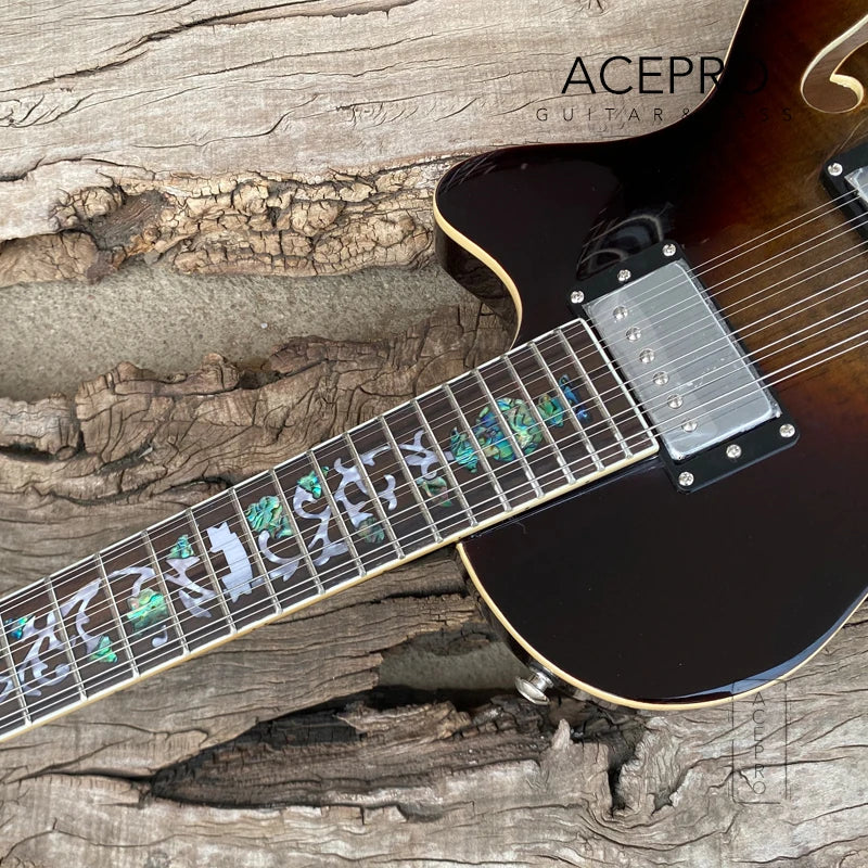 12 String Electric Guitar Semi Hollow Body (F-Holes & Abalone Flower Inlays ) - Cobra Flamed Maple