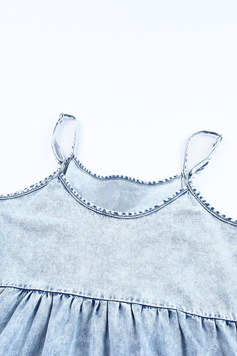 Light Blue Adjustable Straps Casual Tiered Ruffle Denim Dress