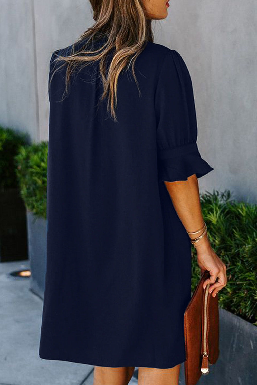 Navy Blue Split V Neck Short Sleeve Tunic Dress