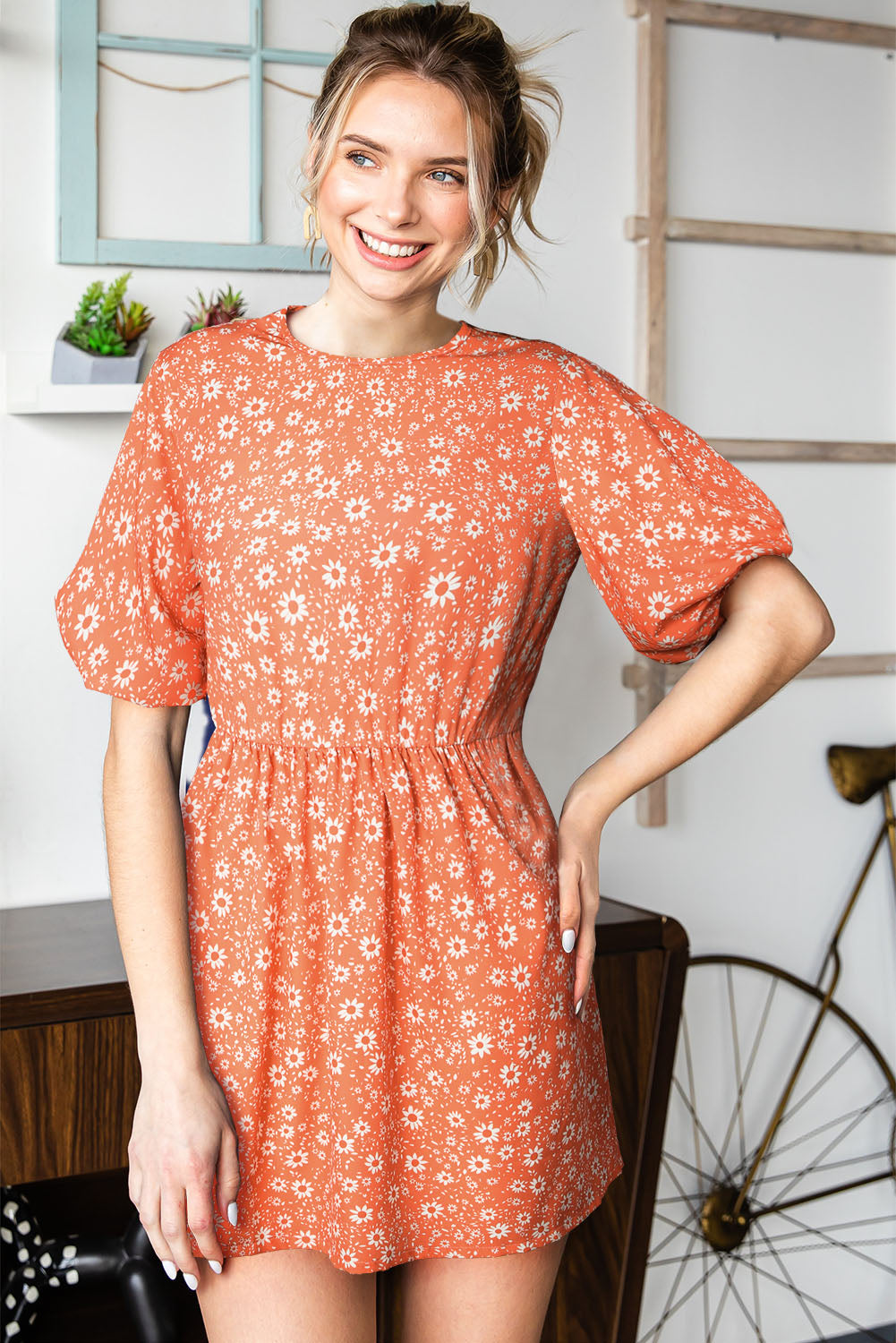 Orange Floral Boho Bishop Sleeve Short Dress