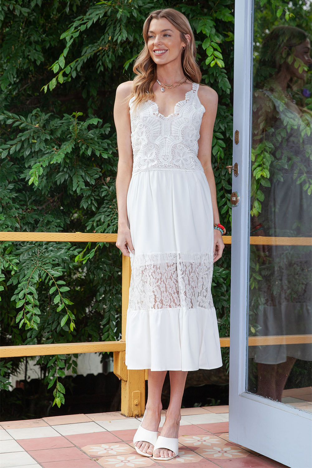 White Elegant Lace Deep V Wedding Guest Sleeveless Maxi Dress