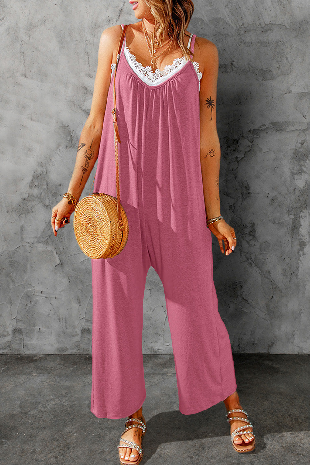 Black Casual Spaghetti Straps Wide Leg Pocketed Jumpsuits
