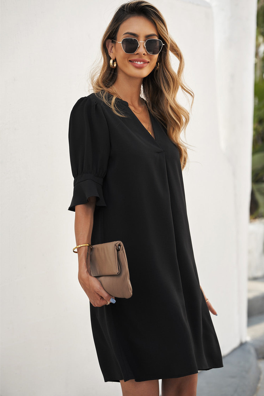 Navy Blue Split V Neck Short Sleeve Tunic Dress