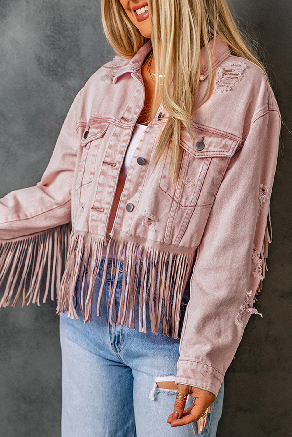 Pink Distressed Ripped Fringe Hem Cropped Denim Jacket