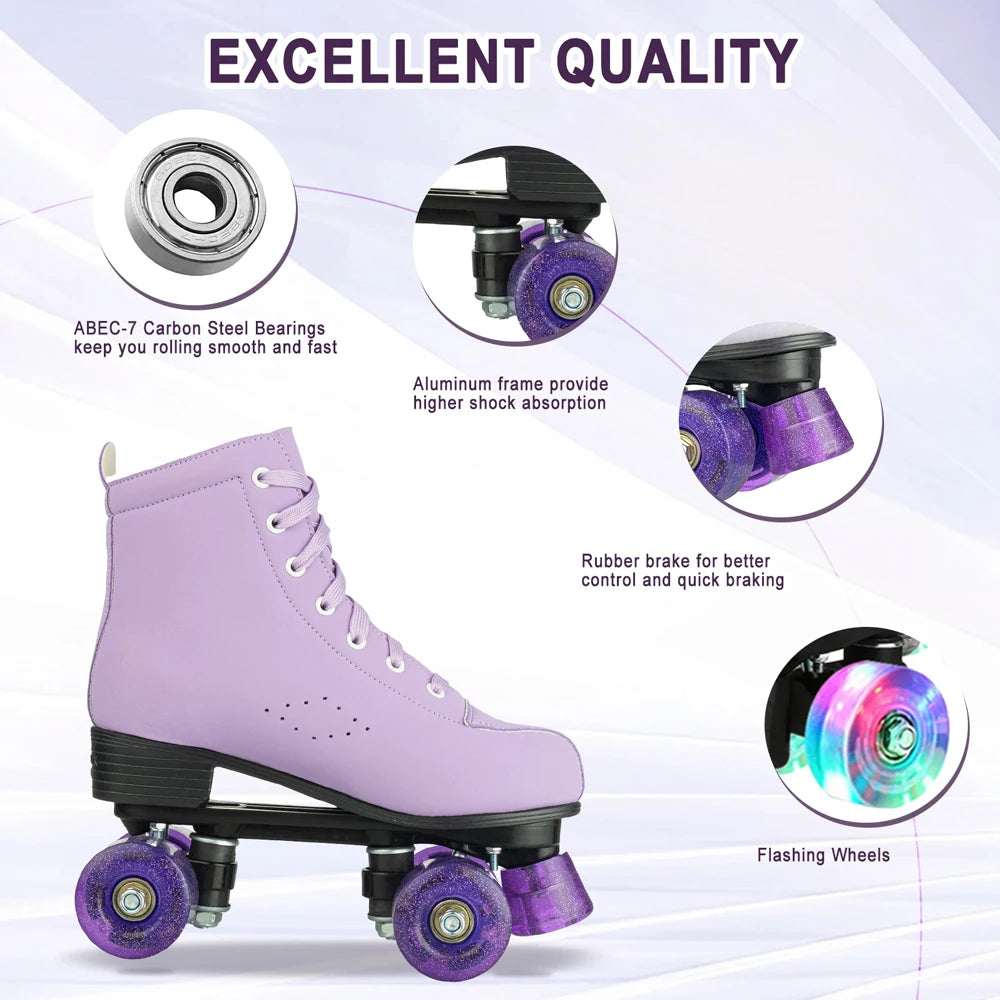 Women's Purple PU Leather Quad Roller Skates with LED Wheels