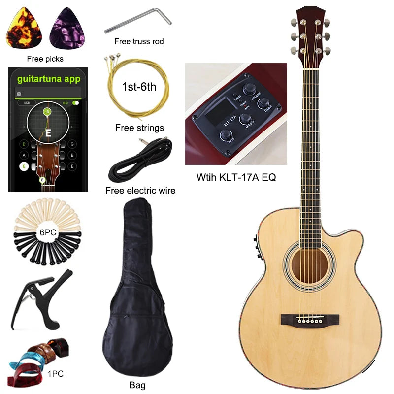 40" Beginner's Thin Body Acoustic Electric Guitar Kit with Accessories - Various Colours