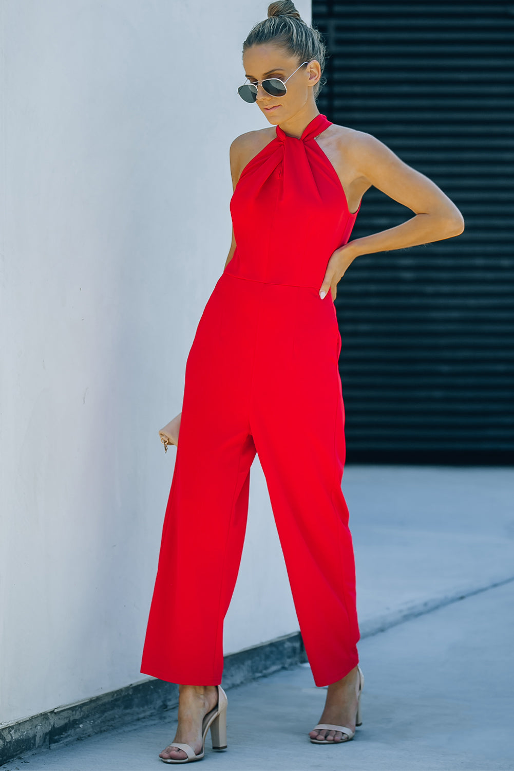 Casual Twist Neck Back Cut Out Sleeveless Red Jumpsuit