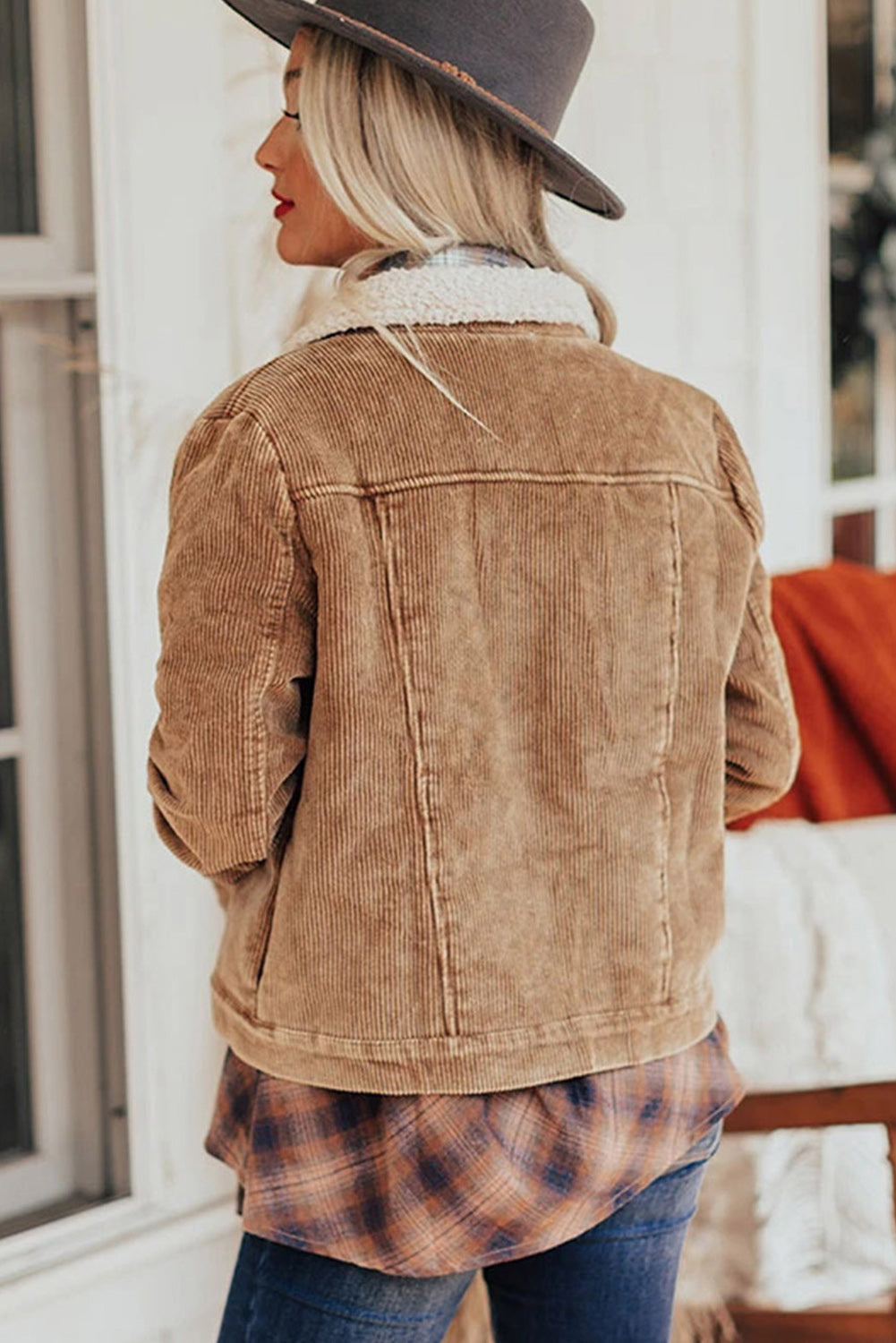 Gray Sherpa Snap Flap Pocket Cropped Corduroy Jacket