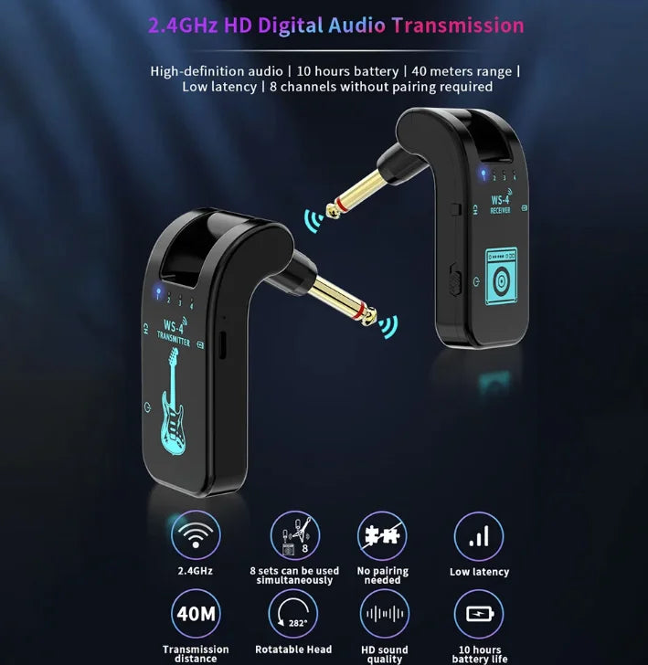 2.4G Wireless Rechargeable Guitar Transmitter Receiver System for Electric Guitar Bass Wind Instruments Plug and Play 48K/16bit