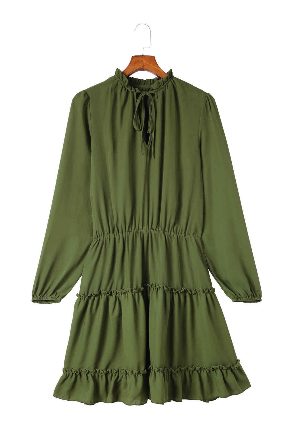 Olive Green Casual Lantern Sleeve V Neck Short Tiered Dress