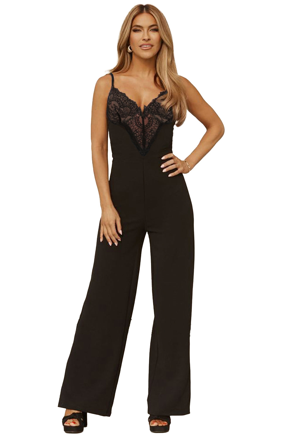 Black Lace Splicing V Neck Bodice Wide Leg Jumpsuit
