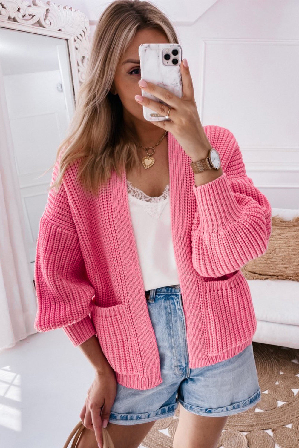 Apricot Solid Pocketed Open Short Cardigan