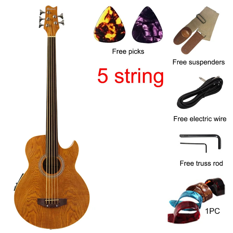 5 string Fretless Electric Acoustic Bass Guitar 43 inch Matte Finish Electric Folk Bass Guitar With EQ Ashwood Body Yellow