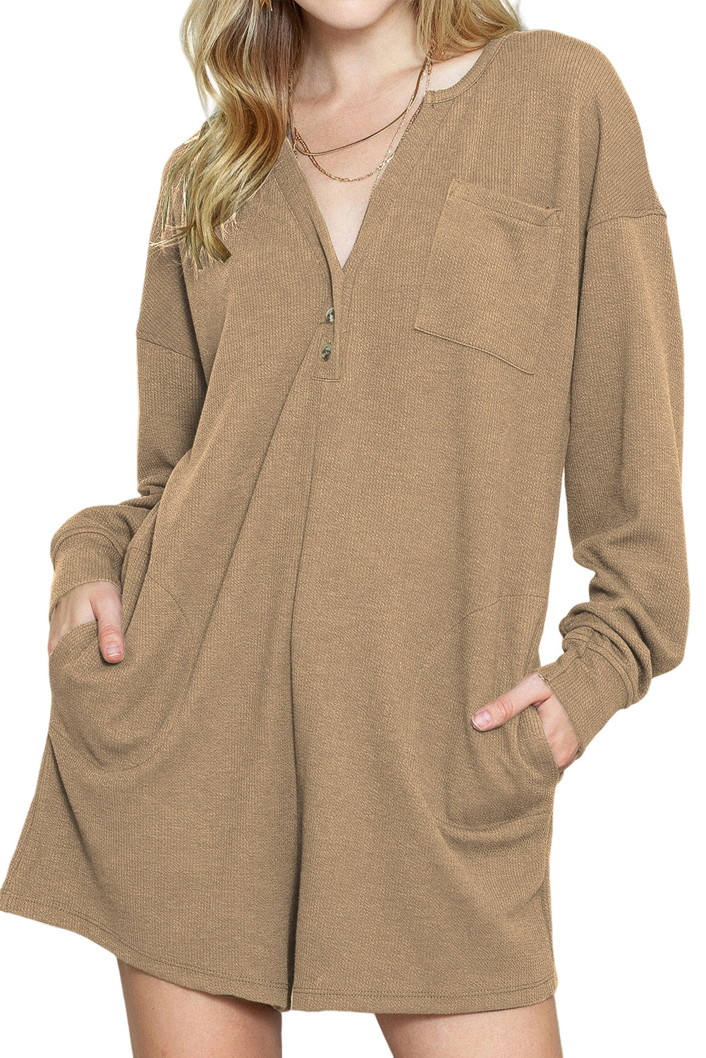 Green Henley V Neck Pocketed Ribbed Romper