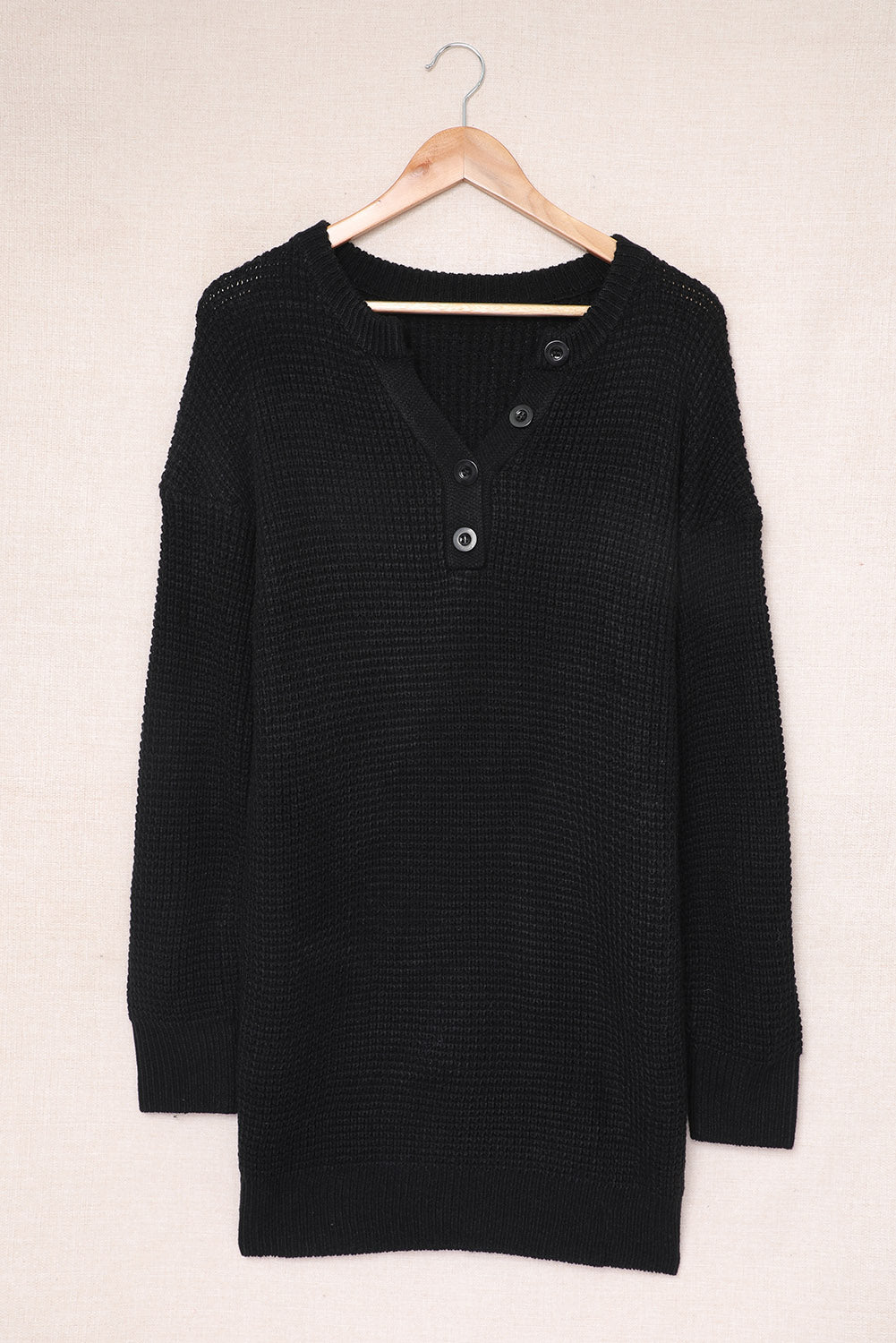 Grey Button Notched Neck Drop Shoulder Waffle Knit Sweater Dress