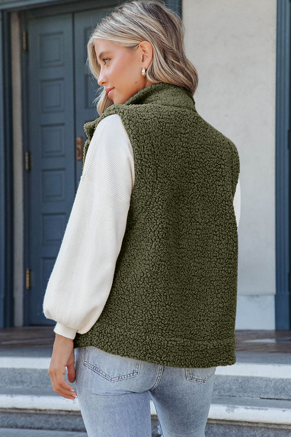 Green Snap Button Collared Stand Neck Sherpa Vest