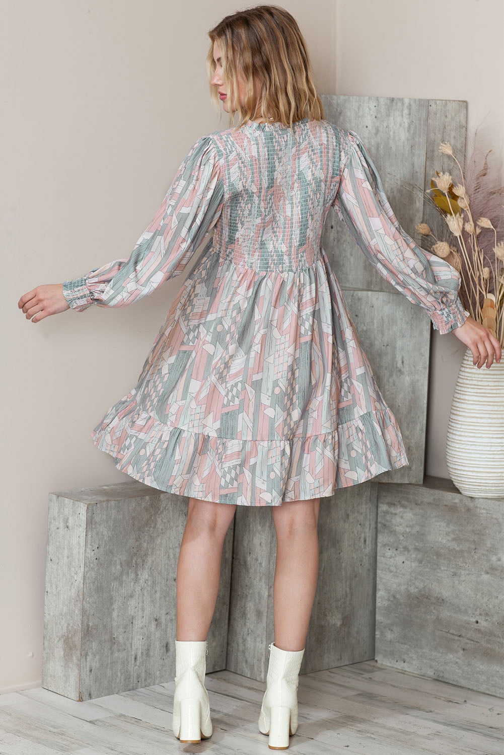 Multicolor Abstract Print Bishop Sleeve Smocked V Neck Dress