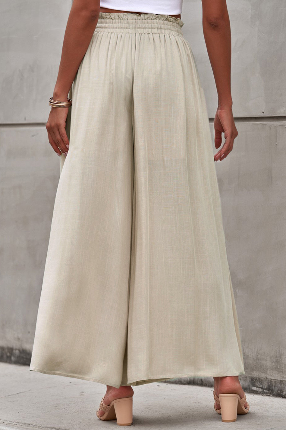 Beige Drawstring Smocked High Waist Wide Leg Pants