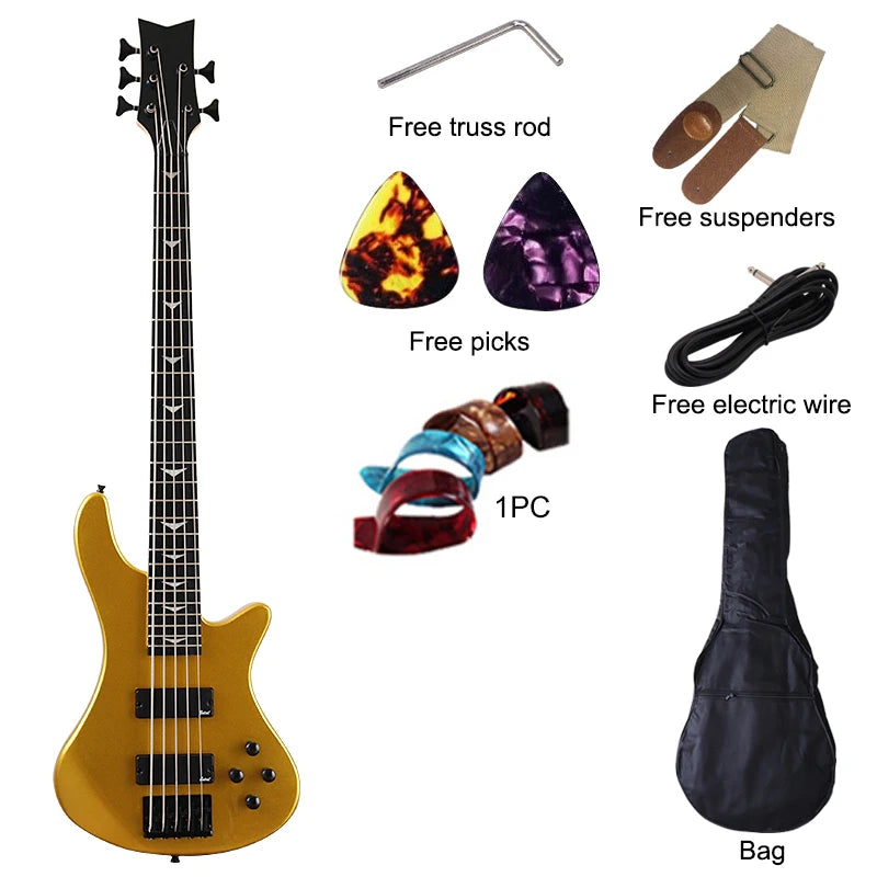 Champagne Gold 43 Inch Electric Bass Guitar (5 String & 4 String available) with Solid Okoume Wood High Gloss