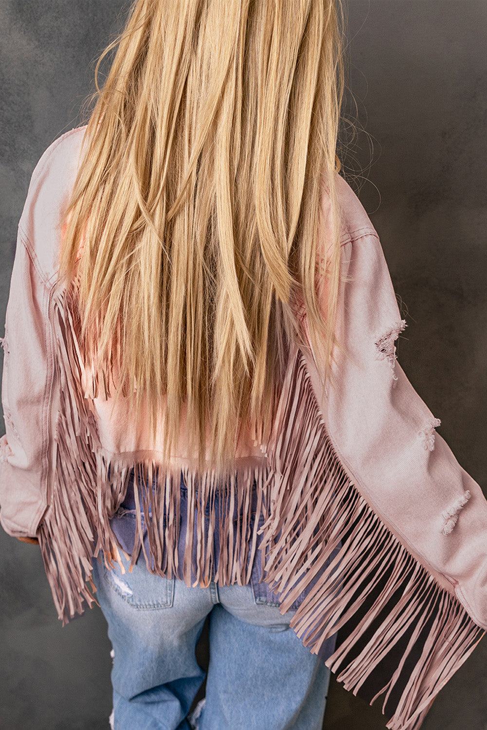 Pink Distressed Ripped Fringe Hem Cropped Denim Jacket