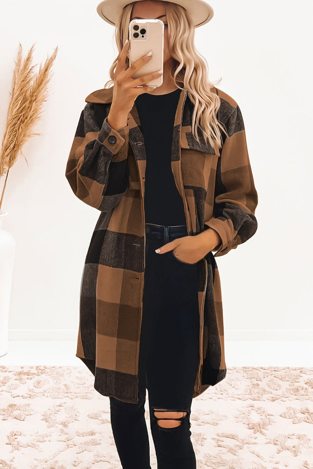 Khaki Plaid Colorblock Button Down Flap Pocket Long Shacket