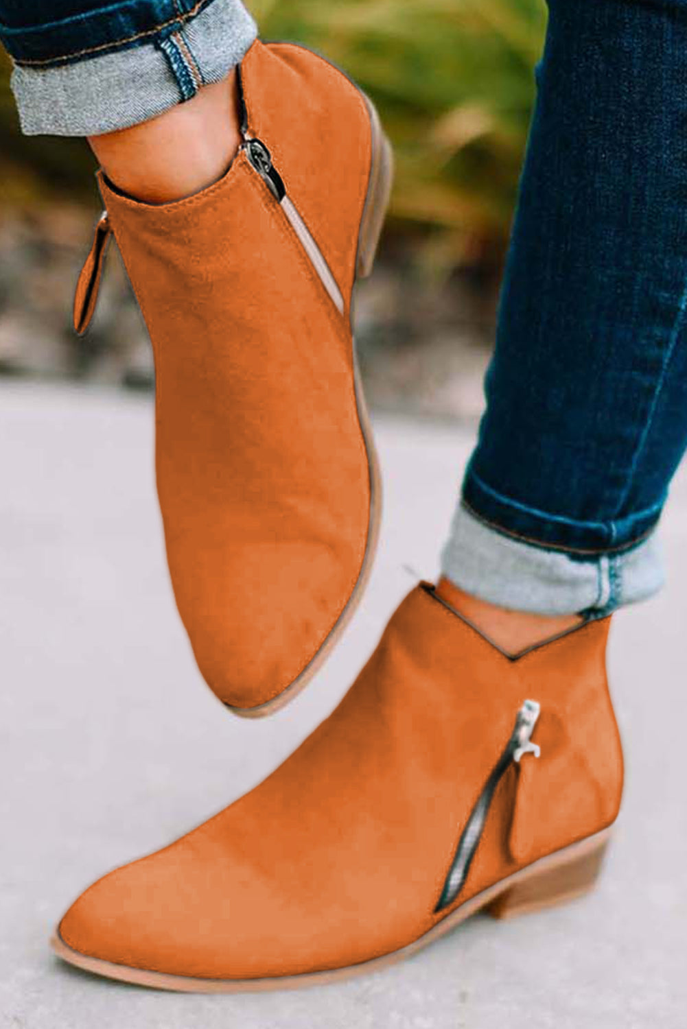Orange Suede Pointed Toe Side Zipper Booties