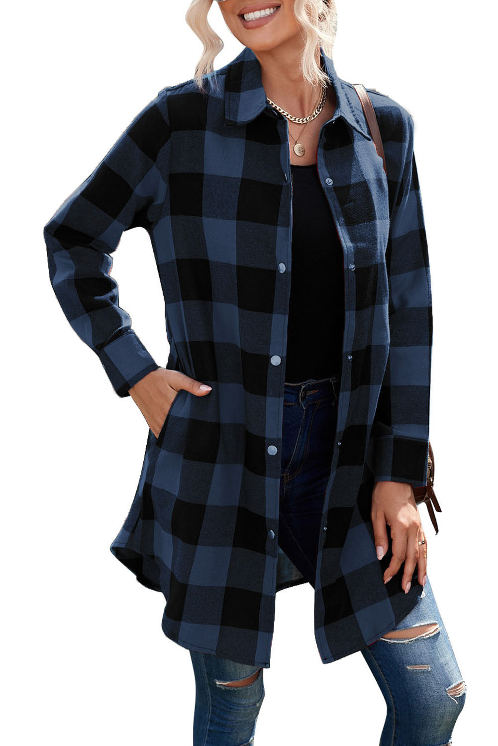 Red Plaid Collared Button Down Long Shirt Shacket