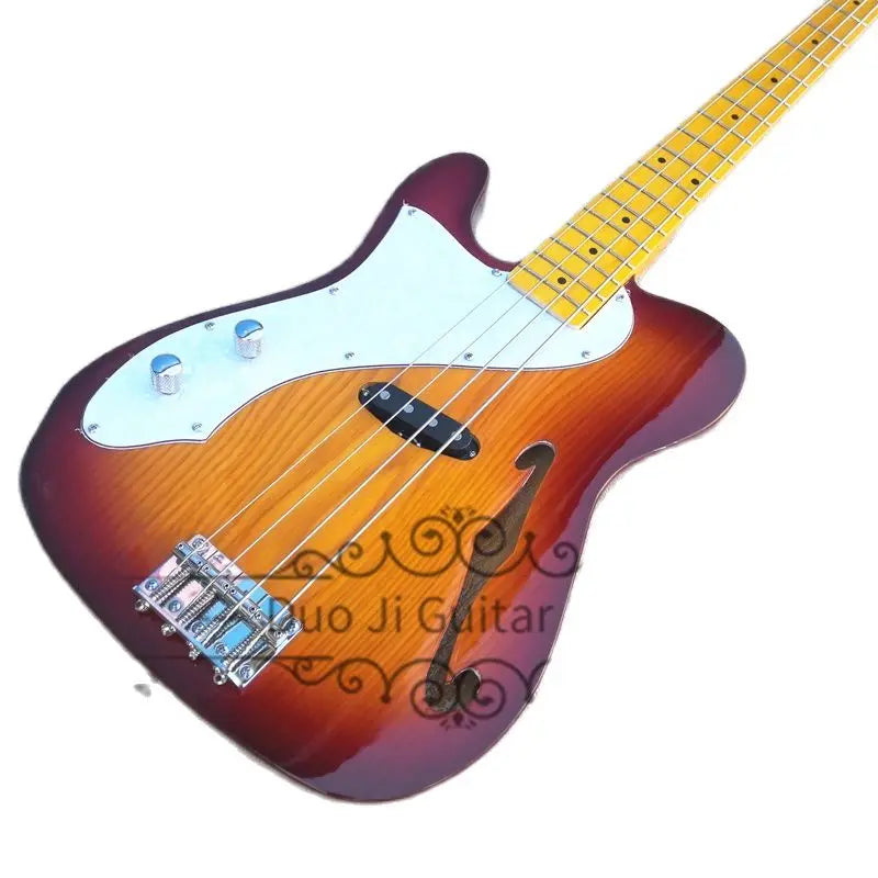 Left hand 4 Strings ASH Wood Semi Hollow Bass Guitar - Sunburst with Yellow Neck
