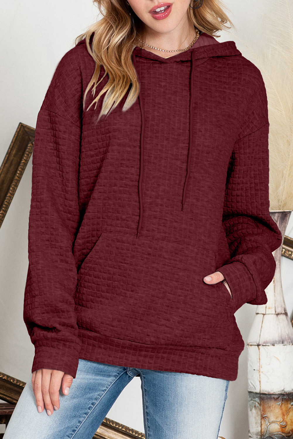 Khaki Lattice Textured Kangaroo Pocket Drawstring Hoodie