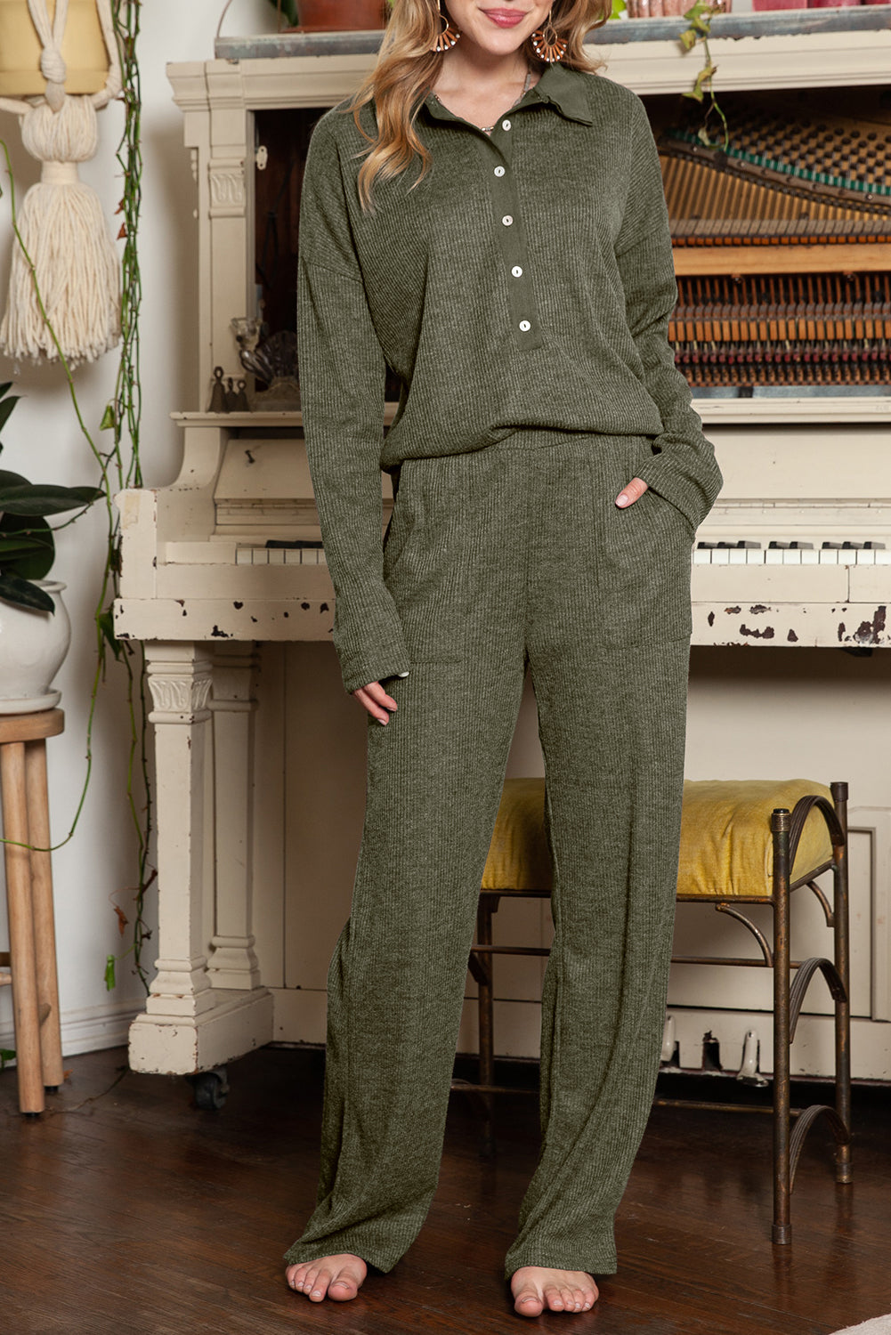 Black Ribbed Henley Shirt and Wide Leg Pants Loungewear Set
