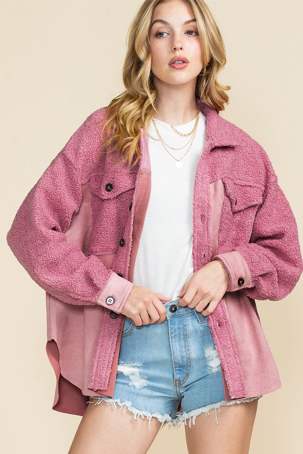 Pink Colorblock Buttoned Flap Pocket Sherpa Jacket
