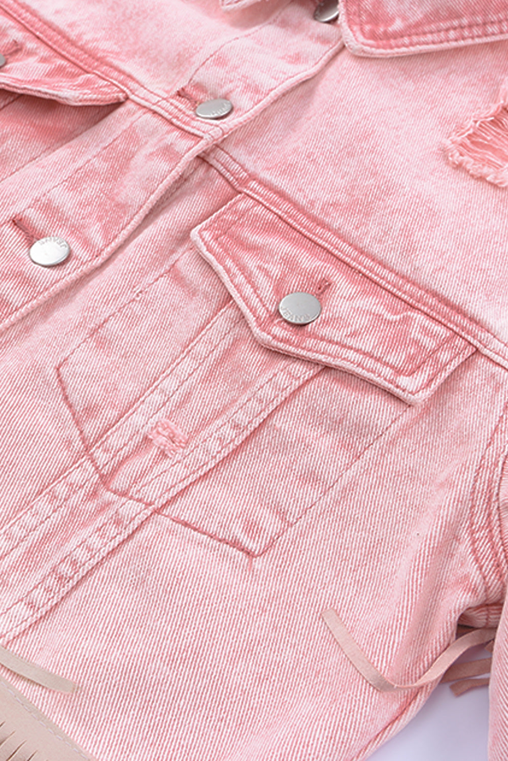 Pink Distressed Ripped Fringe Hem Cropped Denim Jacket