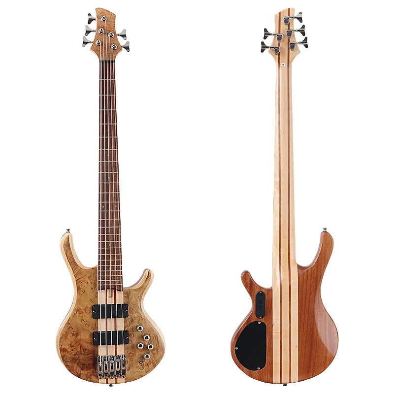 One Piece Tree Burl 5 String Electric Bass Guitar, Solid Okoume Wood Body 43 Inch
