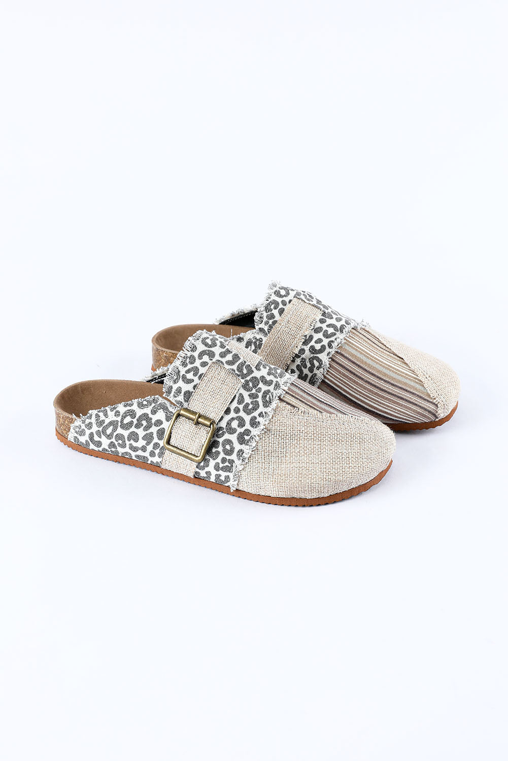 Leopard Distressed Patchwork Buckle Round Toe Slippers