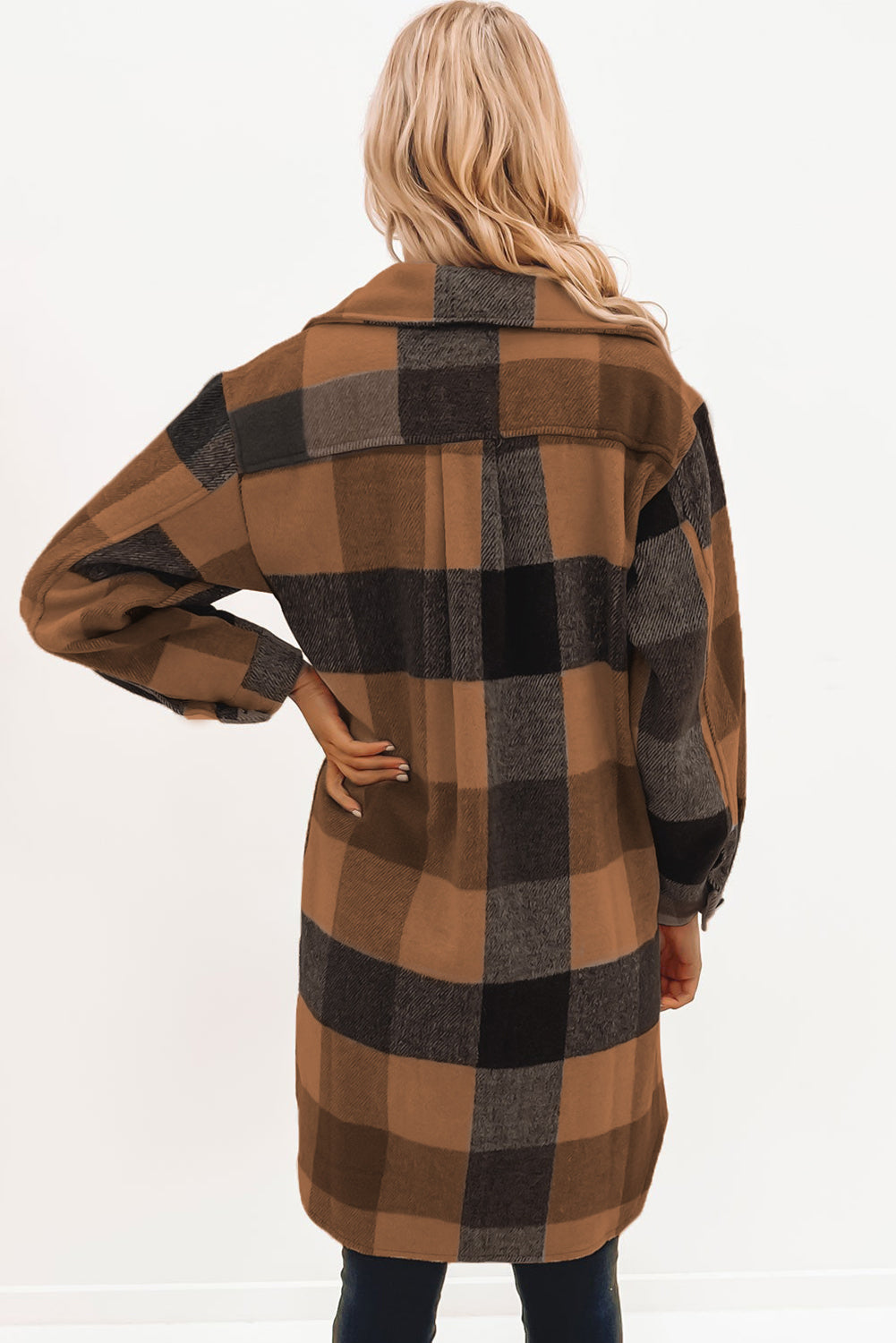 Khaki Plaid Colorblock Button Down Flap Pocket Long Shacket