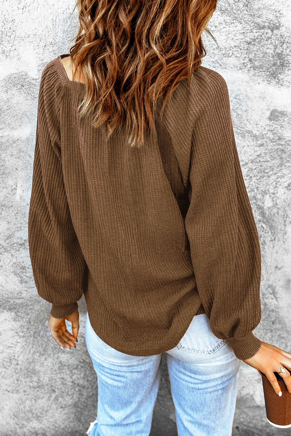 Pink Waffle Texture Casual Square Neck Pullover Top