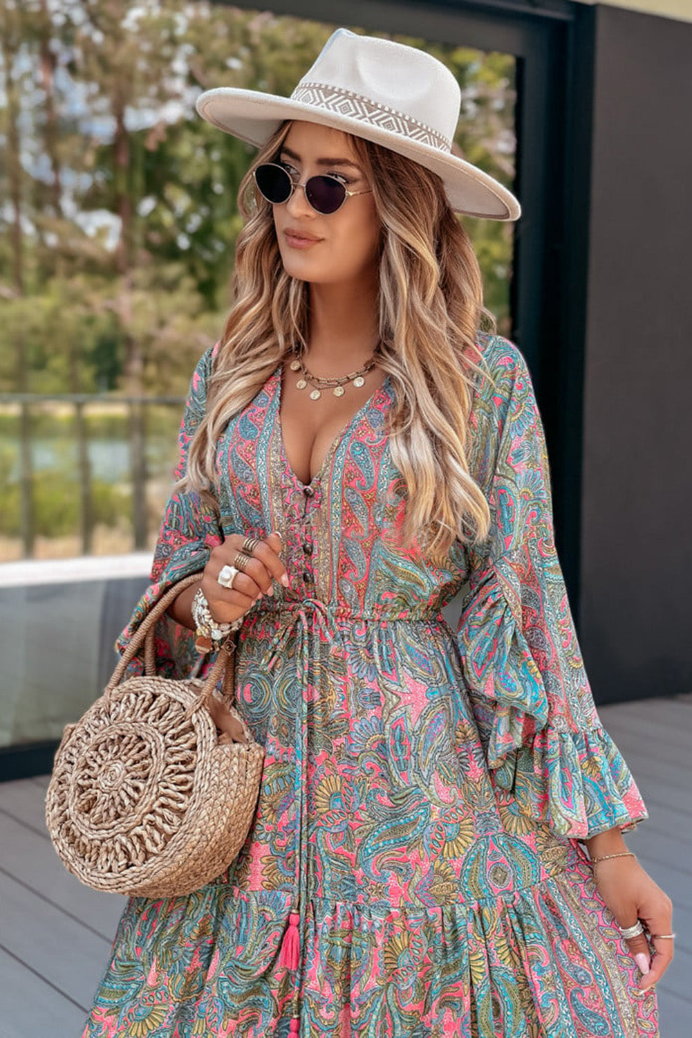 Green Paisley Print Boho Ruffle Trim Tied Maxi Dress