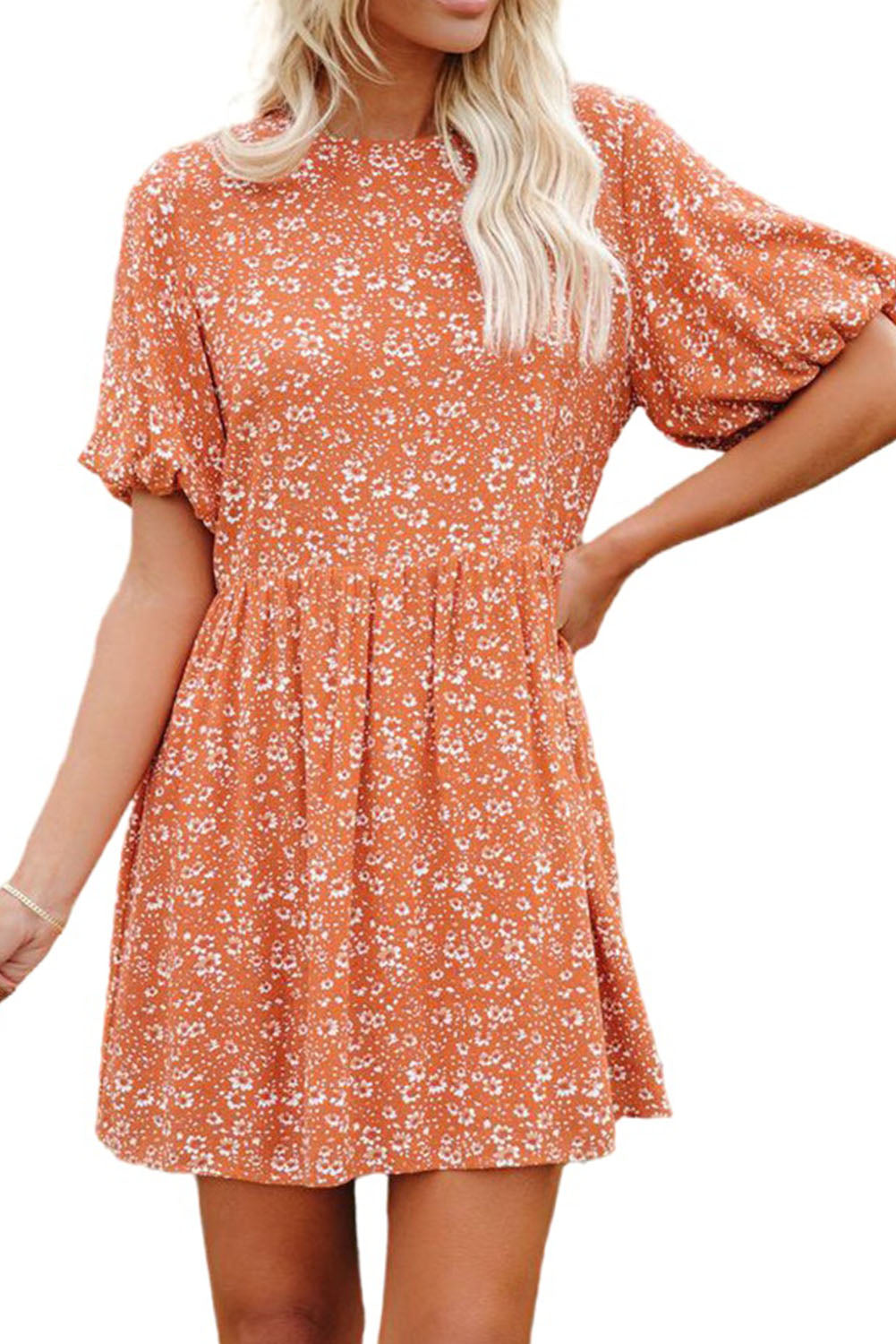 Orange Floral Boho Bishop Sleeve Short Dress
