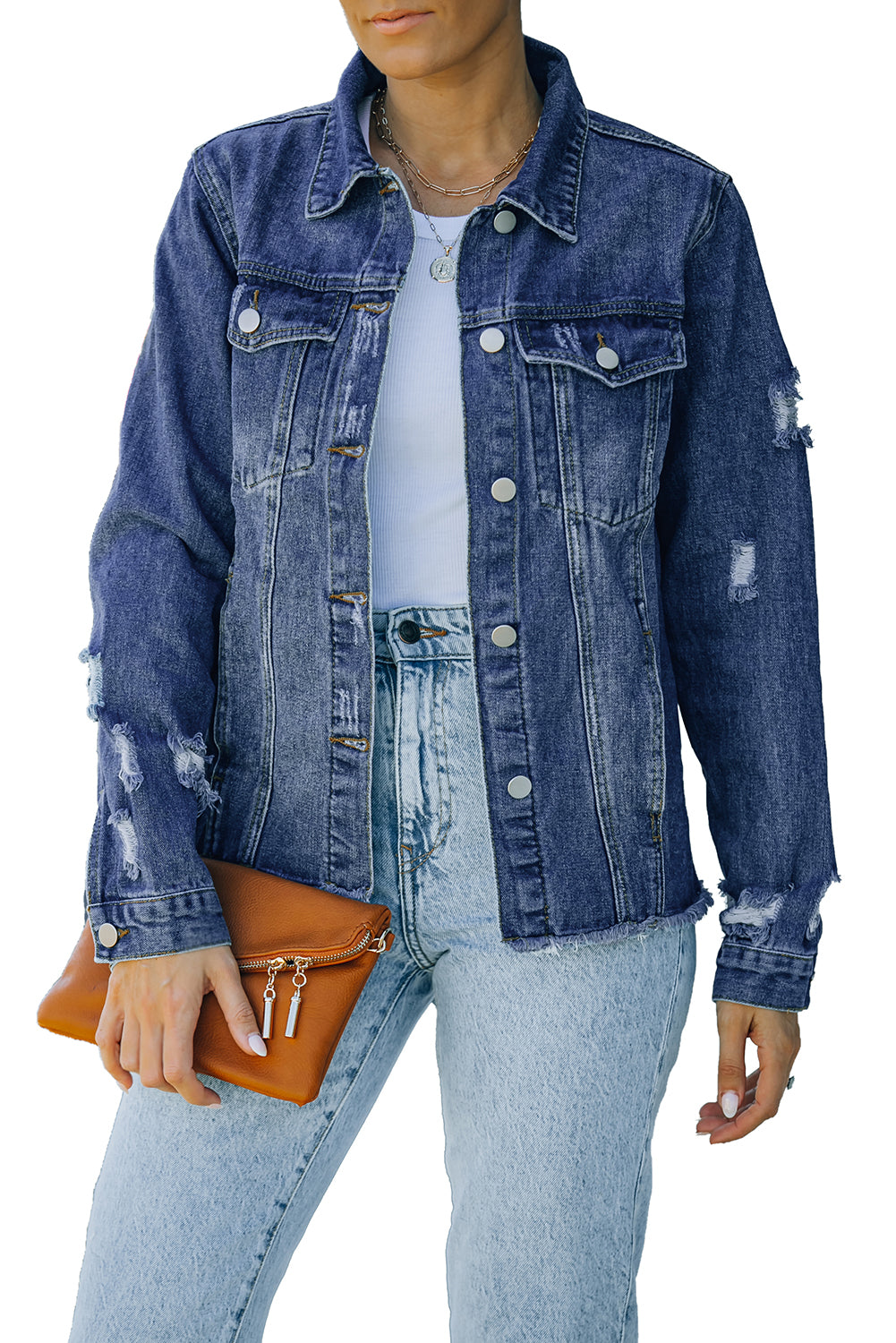 Black Casual Distressed Raw Hem Buttons Denim Jacket
