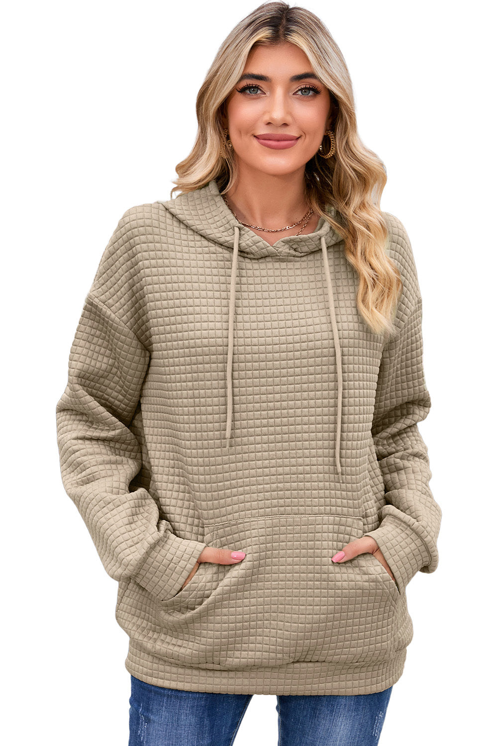 Khaki Lattice Textured Kangaroo Pocket Drawstring Hoodie