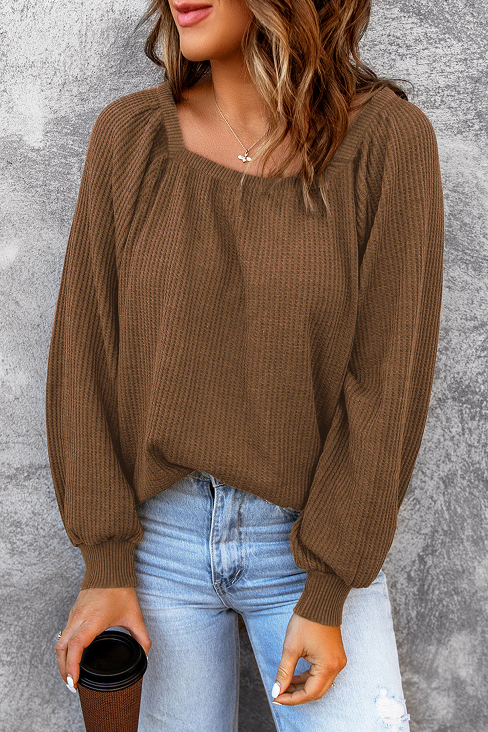 Pink Waffle Texture Casual Square Neck Pullover Top