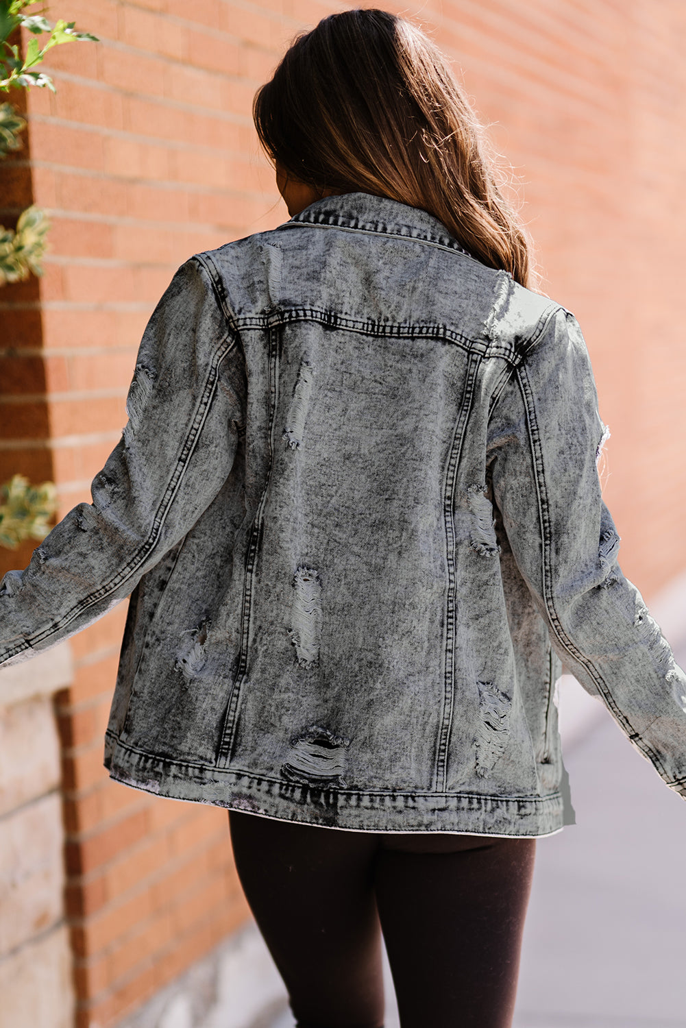Grey Distressed Buttons Washed Denim Jacket