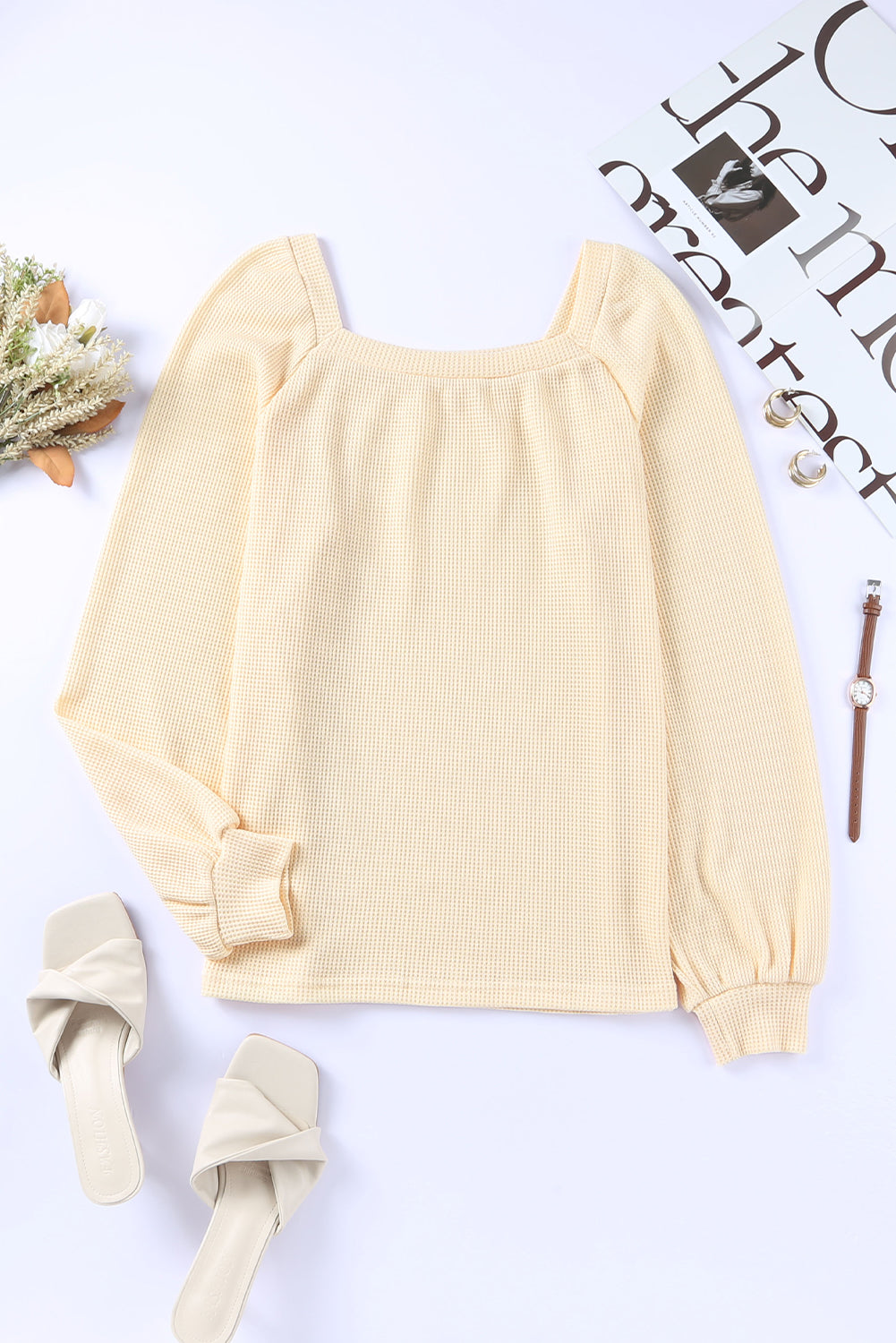 Pink Waffle Texture Casual Square Neck Pullover Top