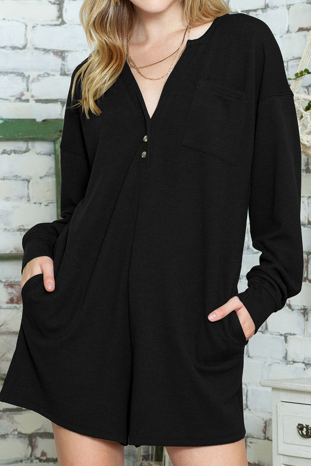 Green Henley V Neck Pocketed Ribbed Romper